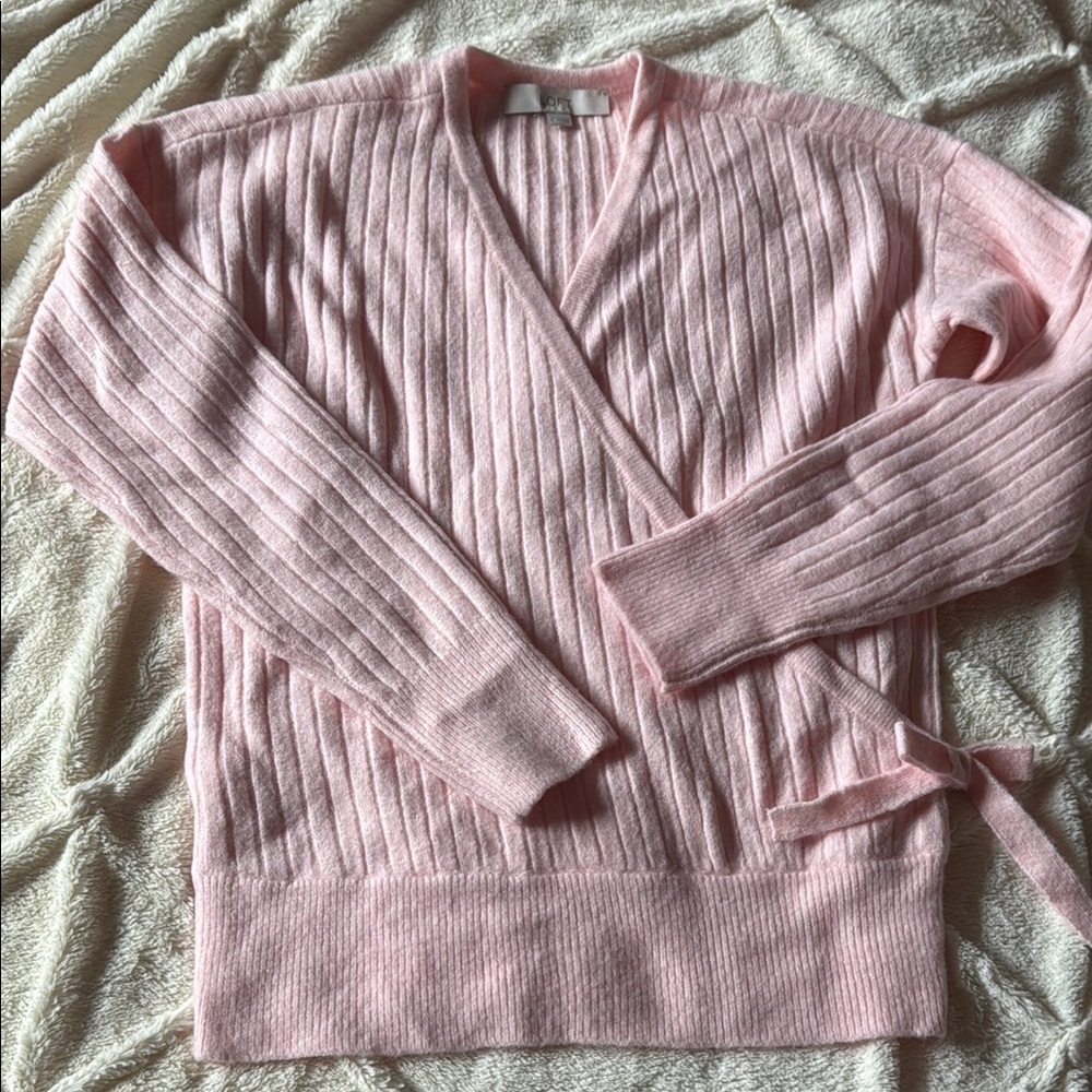 Pink Ribbed Wrap Sweater